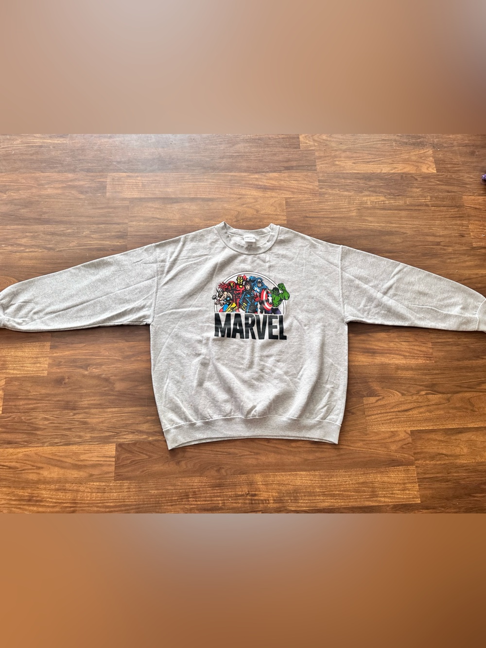 Marvel Light Gray Crewneck Sweatshirt with Colorful Superhero Chest Graphic